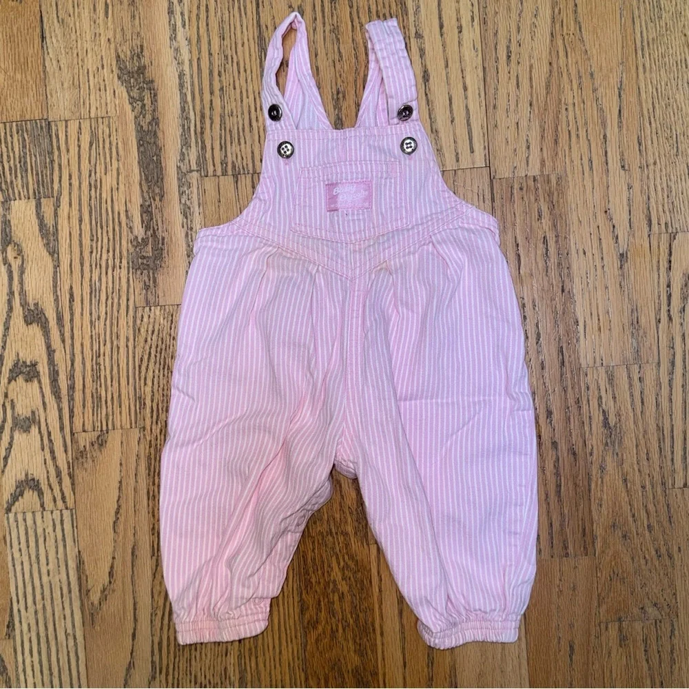 Vintage OshKosh Baby B’Gosh Girl Pink & White‎ Striped Overalls Railroad 3-6 Mo